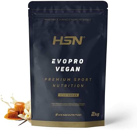 Proteína Vegana Evopro Vegan de HSN | Sabor Vainilla Caramelo 2 Kg = 67 Tomas por Envase Mezcla de Proteínas Vegetales | Con Extra Leucina Vegetal + Hierro + B12 + Stevia | No-GMO, Sin Gluten  