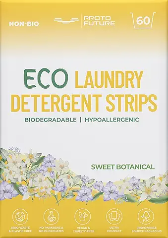Proto Future Tiras Biodegradables de Detergente Ecológico Para la Lavadora - (60 Lavados) - Hipoalergénicas y Sin Plástico - Fórmula Vegana y Sin Enzimas (Botánico Dulce)  