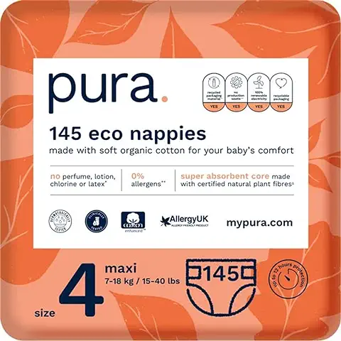 Pura Pañales de Bebé Premium Eco Tamaño 4 (Maxi 10-17 kg) 5 Paquetes de 29 Pañales (145 en Total), Fibras Vegetales Naturales con Certificado FSC, Puros y Respetuosos con el Medio Ambiente  