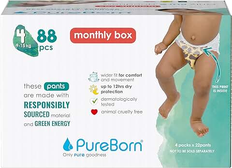 PureBorn Pañales Bebé Premium Pants, Talla 4 (9-15 kg), 88 Pañales-Braguitas, Protección Superior Día y Noche, Ultra Suave, Agradable para la Piel  