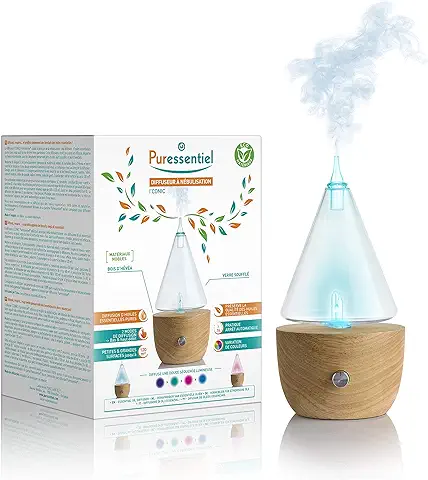 Puressentiel - Difusor de Aceite Esencial por Nebulización - I'conic - Materiales Nobles Madera Natural y Vidrio - Sin Agua - Difusor Aromaterapia  