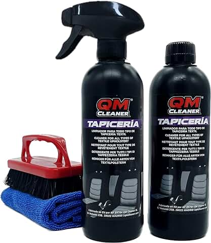 QM Cleaner kit Limpia Tapicerías Profesional para Limpiar Asientos Coche | Para Alfombras, Tapicerías, Moquetas, Cinturones de Seguridad, Alcántara | 2 Botellas, 1 Microfibra y 1 Cepillo Premium  