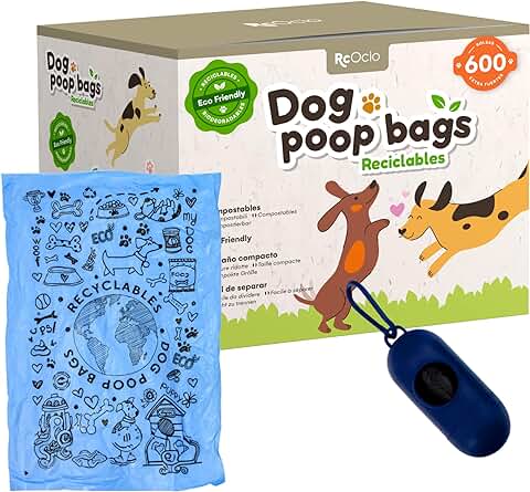 Rc Ocio Bolsas Caca Perros Ecologicas con Porta Bolsa Dispensador/Rollo Bolsitas Baratas/higienicas para Excrementos Perro Grande y Pequeñas/recogedor de Heces y Excremento de Mascotas (600 Bolsas)  