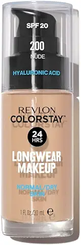 Revlon ColorStay Base de Maquillaje de Larga Duración, 24H, para Piel Normal/Seca, Fórmula Enriquecida con Ácido Hialurónico, SPF 20, Resistente al Agua (Tono #200 Nude) - 30 ml  