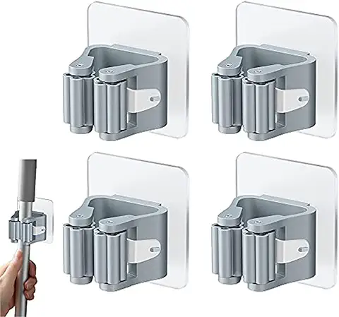 Rifrpha 4 Piezas Colgador de Escobas y Fregonas, Soporte Adhesivos para Pared, Organizador Ajustable Porta Escobas Plástico para Baños Cocinas (Gris)  