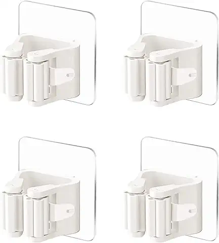 Rifrpha 4 Piezas Colgador de Pared Adhesivo de Escobas y Fregonas, Soporte Ajustable de Plástico, Organizador para Baños y Cocinas (Blanco)  
