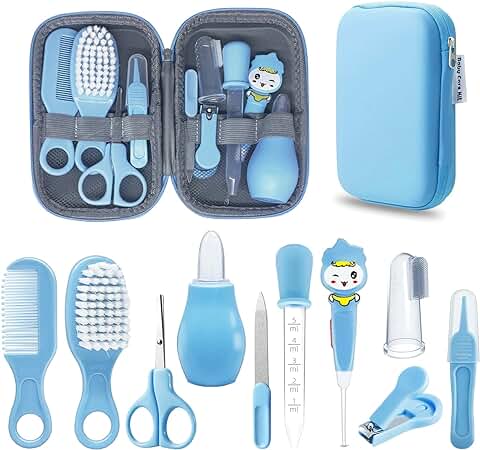 RIGHTWELL 10 Piezas Set para Cuidado del Bebé - Kit Higiene Bebe Recien Nacido con caja Impermeable con Cremallera, Cepillo para el Cabello para Bebés, Cortaúñas, Viaje y el Uso Diario  