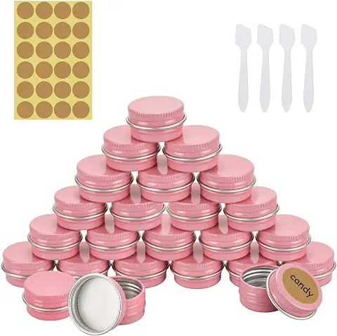 RMENOOR 24 PZS Tarros de Aluminio con Tapas Rosa 5ml Latas Redondas de Aluminio con Tapa, Etiqutas y 4 Cucharas Botes de Aluminio Envases Cosméticos Tarros Vacíos para Bálsamo Labial, Loción, Crema
