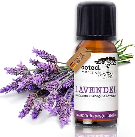 Rooted.® Aceite de Lavanda Orgánico | Aceite Esencial 100% Natural | Lavandula Angustifolia | Lavanda Real para Aromaterapia, Difusores, Aromas de Ambiente, Velas Perfumadas y Jabones (10ml)  