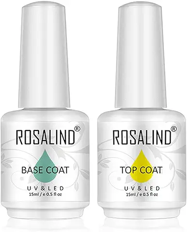 ROSALIND 2PCS capa Superior y capa base gel Esmalte de Uñas Soak Off UV LED Base Coat y Top Coat 15 ml Base y Top Coat Semipermanente  