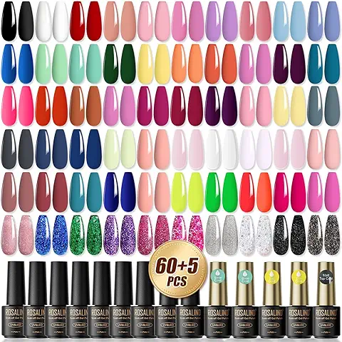 ROSALIND 65 Pcs Esmalte Semipermanente, 60 Colors Mini Pintauñas Semipermanentes Negro Blanco Rojo Nude Rosa Morado Glitter，Esmalte de Uñas Semipermanentes Principiantes Art DIY  