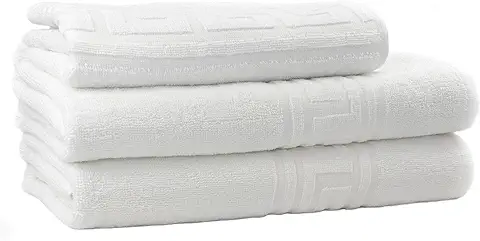 ROYAL EUROPE TEXTILE SL 2 Toallas de Ducha (70x140 cms) y Toalla Lavabo (50x100 cms) Algodón 100%. Acabado en Greca Color Blanco. 450 Gramos/m2.  
