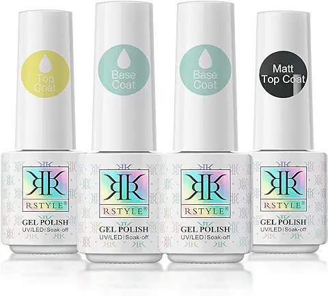RSTYLE Base y Top Coat Semipermanente, 4pcs Base Coat Esmaltes Semipermanentes de Uñas Top Coat Kit de Esmaltes de Uñas UV LED No Wipe Matte Top Coat Semipermanente Pintauñas Set Regalo 5ml  