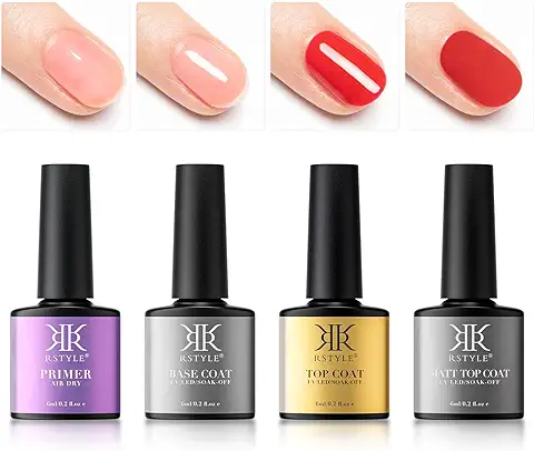RSTYLE Base y Top Coat Semipermanente Set Primer Uñas,4PCS Esmaltes Semipermanentes de Uñas UV LED No Wipe Matte Top Coat Semipermanente Pintauñas Set Regalo (6ml)  