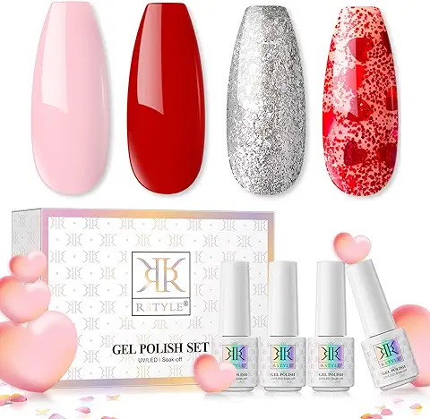 RSTYLE Esmalte Semipermanente, 4 Colores Rojo Pintauñas Esmaltes Permanentes para Uñas Kit Esmaltes en Gel Soak Off UV LED para Manucira Profesional Brillo Rosa Regalo de amor  