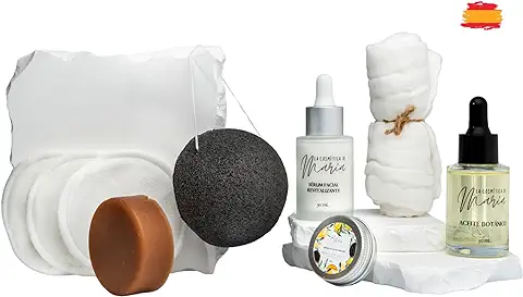 RUTINA FACIAL - Sérum, Aceite Botánico, Jabón Facial Purificante, Bálsamo Labial, Esponja, Muselina, Discos Desmaquillantes - 100% Ecológico y Natural  