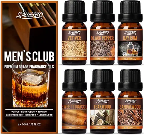SALUBRITO Hombre Aceites Esenciales para Humidificador 6 x 10 ml, Aceites Esenciales Aromaterapia para Difusor - Sándalo, Madera de Teca, Tabaco Dulce, Vetiver  