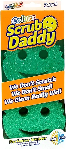 Scrub Daddy Colors Esponja, Estropajo Cara Sonriente Limpieza Anti-Rayaduras, Esponja Lavable Antibacteriana y Reutilizable para Cocina y Baño, Tecnología Flextexture - Verde, Paquete de 2  