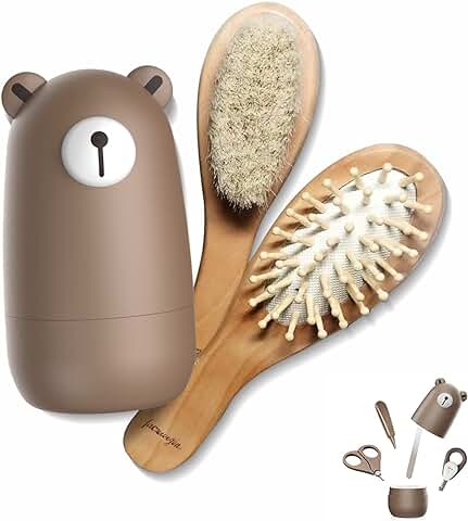 Set de aseo para Bebés 6 en 1, Cepillo y Peine de Madera Natural, Tijeras para Uñas, lima de Uñas y Pinzas para Niños y Recién Nacidos en un Bonito Estuche de Regalo  