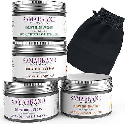 Set de Jabón Negro Marroquí para Hammam con Aceite de Argan Ecológico, Eucalipto, Naranja y Lavanda + Guante Manopla Kessel-Kessa - Natural Beldi para la Exfoliación e Hidratación Corporal 400g  