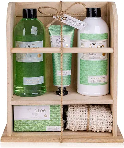 Set de Regalo de Aloe Vera de la Colección Premium en un Estante de Madera con gel de Ducha, Loción de Manos, Crema de Baño, Bombas de Baño y una Toalla de Sisal  