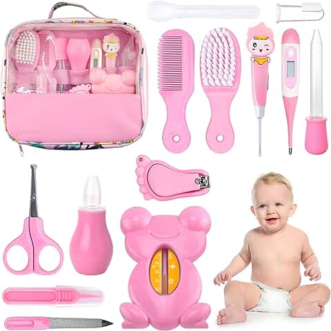 Set para Cuidado del Bebé HyAdierTech 13 Piezas Conjunto de Aseo para Bebés Cuidado, Kit de Aseo Nail Clipper Tijeras Cepillo de Pelo Peine Manicura Termómetro, Perfecto para Recién Nacido (Rosado)  