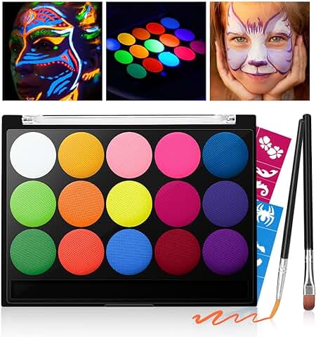 Skymore UV Fluorescente Pintura Facial y Corporal Infantil 15 Colores Kit de Pintura Facial Luminosas Maquillaje, Lavable & No Tóxico, Pintura de Cara Seguridad para Niñas Halloween Fiestas Cosplay  