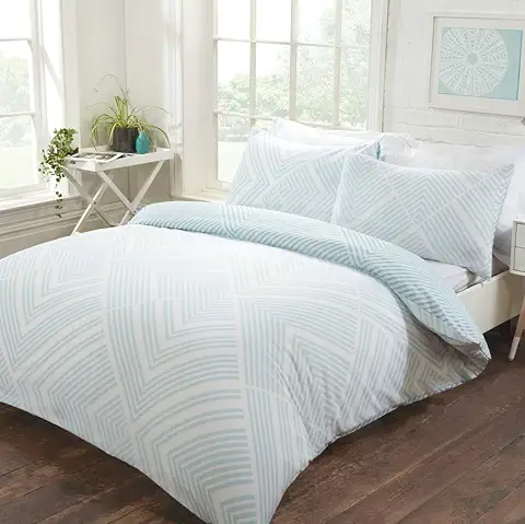 Sleepdown 5056242747123 Juego Nórdica Reversible de Fácil Cuidado, Diseño Geométrico a Rayas, con Funda de Almohada, Tamaño Doble (200 x 200 cm), Algodón, Azul Pastel, Doublé  