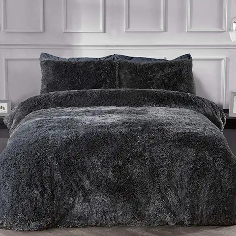 Sleepdown 5056242754602 Juego Edredón y Fundas de Almohada de Pelo Largo de Color Gris Carbón, Muy Suave, de Fácil Cuidado, Doble (200 x 200 cm), Poliéster, Doublé  