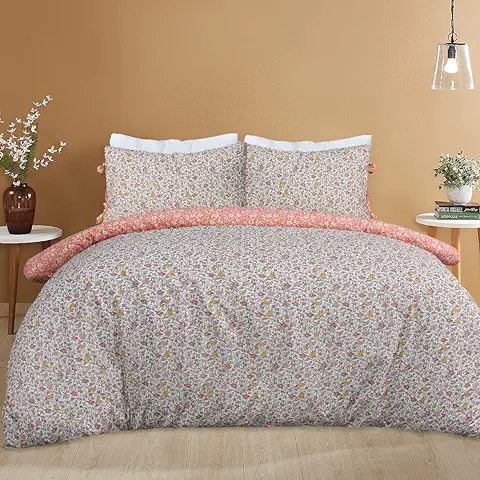 Sleepdown Ditsy Flowers - Juego de Funda de Edredón de Fácil Cuidado, Color Naranja y Blanco, Doublé  