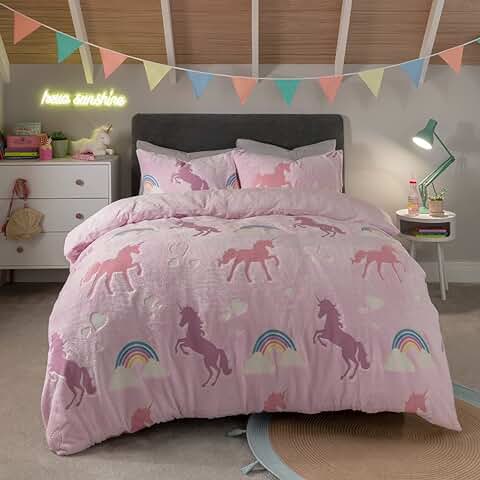 Sleepdown Juego de Cama con Funda de Almohada, Diseño de Unicornio Arcoíris Que Brilla en la Oscuridad, Cálido, Súper Suave, con Funda de Almohada, Individual (135 x 200 cm), Color Rosa  