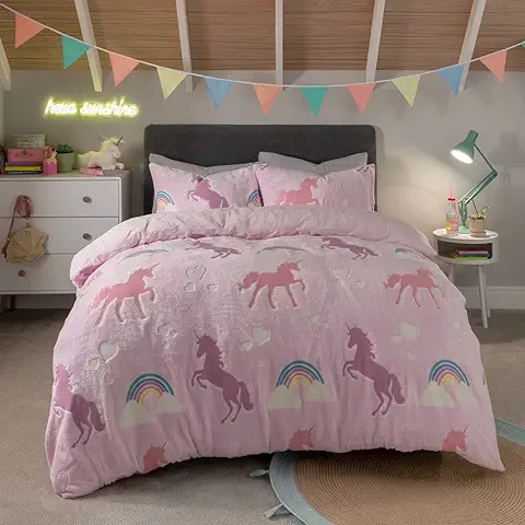 Sleepdown Juego de Cama con Funda de Almohada, Diseño de Unicornio Arcoíris Que Brilla en la Oscuridad, Cálido, Súper Suave, con Funda de Almohada, Individual (135 x 200 cm), Color Rosa  