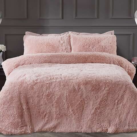 Sleepdown - Juego de Cama, Funda de Edredón y Funda de Almohada, de pelo Sintético de Lujo, Supersuave y de Fácil Cuidado, Color Rosa, para cama Super King (220 cm x 260 cm)  