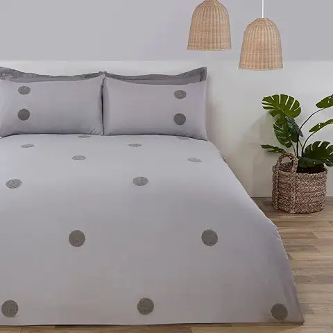 Sleepdown Juego de Funda de Edredón con Funda de Almohada, Diseño de Círculos de Lunares Bordados, Color Gris, de Lujo, Suave, Acogedor y Fácil Cuidado, Tamaño King (230 x 220 cm)  