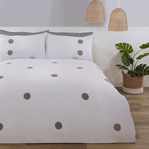 Sleepdown Juego de Funda de Edredón con Fundas de Almohada y Fundas de Almohada, Diseño de Lunares, Color Blanco y Plateado  