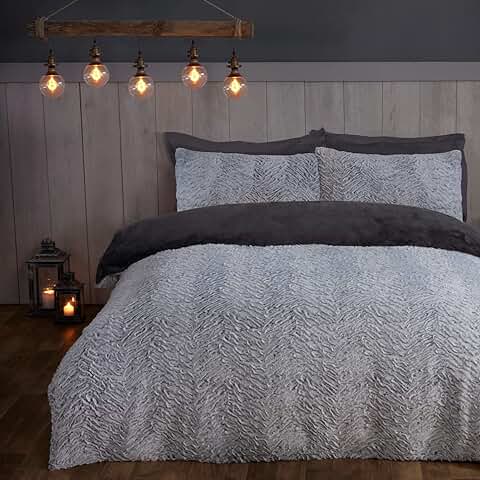 Sleepdown Juego de Funda de Edredón de 2 Tonos con Textura de Forro Polar de Piel Sintética, Cálido, Súper Suave, con Fundas de Almohada, Doble (200 x 200 cm), Color Gris  