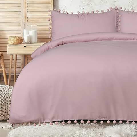 Sleepdown Juego de Funda de Edredón de Lujo con Pompones y Fundas de Almohada de Fácil Cuidado, Tamaño King (220 x 230 cm)  