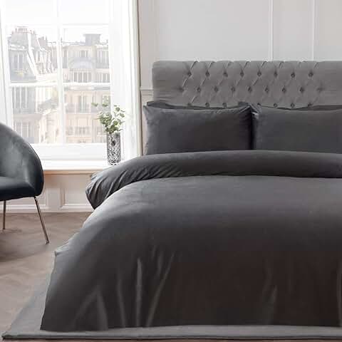 Sleepdown Juego de Funda de Edredón de Terciopelo Mate Gris Carbón de Lujo, Súper Suave, Fácil Cuidado, con Fundas de Almohada, Doble (200 x 200 cm)  