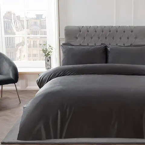 Sleepdown Juego de Funda de Edredón de Terciopelo Mate Gris Carbón de Lujo, Súper Suave, Fácil Cuidado, con Fundas de Almohada, Doble (200 x 200 cm)  