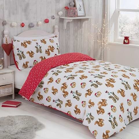 Sleepdown Juego de Funda de Edredón Reversible con Funda de Almohada para Niños, Diseño de Animales del Bosque, para Navidad, con Diseño de Lunares, Color Rojo y Blanco  