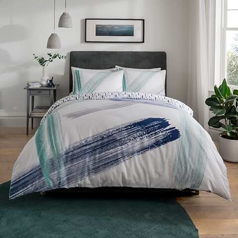 Sleepdown Juego de Funda de Edredón y Funda de Almohada Reversible, Diseño Abstracto con Pinceles, Color Blanco, Verde Azulado, Azul Marino, Suave y Fácil de Cuidar, Individual (135 x 200 cm)  
