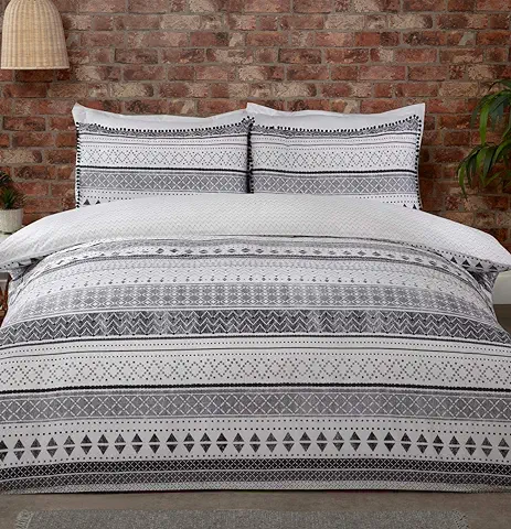 Sleepdown Juego de Ropa de Cama con Funda de Edredón y Fundas de Almohada, Diseño de Rayas Geométricas, Aztecas, Color Negro, Blanco y Gris, Bohemio, Reversible, Suave y de Fácil Cuidado, Tamaño King  