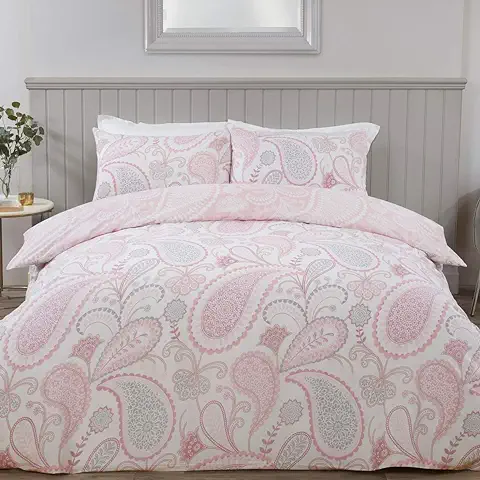 Sleepdown Juego Edredón Reversible con Fundas de Almohada, Diseño Floral de Cachemira, 1 Pieza, Tamaño Super King (220 x 260 cm), Polialgodón, Rosa Encarnado, Matrimonio Grande  