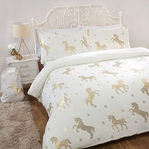 Sleepdown Lámina Unicornio Juego de Ropa de Cama de Forro Polar de Franela de Aluminio, Marfil, Doble, Crema, Doublé  