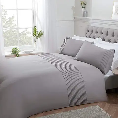 Sleepdown Pintuck - Juego de Funda de Edredón Plisada, Diseño de Rayas, Color Plateado, de Fácil Cuidado, Suave y Acogedor, con Fundas de Almohada, Tamaño Superking (220 x 260 cm)  