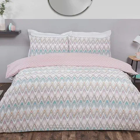 Sleepdown Zig Zag - Juego de Funda de Edredón Reversible con Fundas de Almohada, Diseño Geométrico, Color Rosa y Verde Azulado  