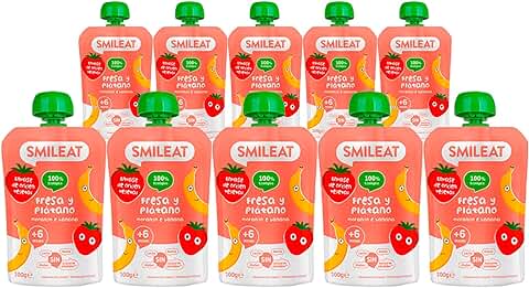 Smileat - Pouches de Fresa y Plátano Ecológicos, Ingredientes Naturales Bebibles, Para Bebés a Partir de los 6 Meses - Pack de 10x100g - 1000g  