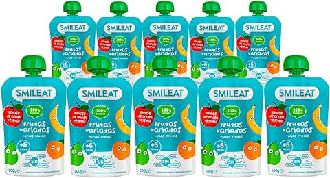 Smileat - Pouches de Fruta Variada Ecológica, Ingredientes Naturales Bebibles, Para Bebés a Partir de los 6 Meses - Pack de 10x100g - 1000g  