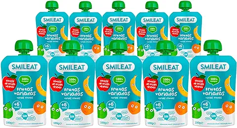 Smileat - Pouches de Fruta Variada Ecológica, Ingredientes Naturales Bebibles, Para Bebés a Partir de los 6 Meses - Pack de 10x100g - 1000g  