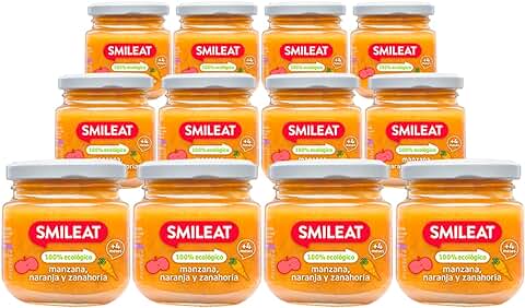 Smileat - Tarritos Ecológicos de Frutas, para Bebés Desde 4 Meses, sin Gluten, Manzana, Naranja y Zanahoria - Pack de 12 x 130 g = 1560 g  